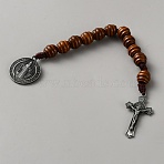 Wood Beads Hanging Decor, Saint Benedict & Cross Charm Decorative, Gunmetal, 197mm(DJEW-WH0028-017B)