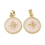 Brass Micro Pave Clear Cubic Zirconia Pendants, with Enamel, Flat Round with Star, Real 18K Gold Plated, Floral White, 18.5x16x2.5mm, Hole: 4x2.5mm(KK-F924-03G-02)