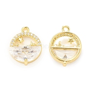 Brass Micro Pave Cubic Zirconia Charms, with Glass, Flat Round with Star & Moon Charm, Real 18K Gold Plated, 16x12x4mm, Hole: 1.4mm(KK-P228-39G)
