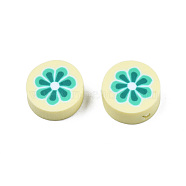 Handmade Polymer Clay Beads, Flat Round with Flower, Champagne Yellow, 9~10x4~4.5mm, Hole: 1.2~1.8mm(CLAY-N011-56-07)