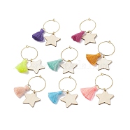 8Pcs Brass Wine Glass Charms Set, with Wooden & Tassel Pendants, Star, Mixed Color, 53~54mm(AJEW-JO00171)