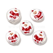 Baroque Style Natural Keshi Pearl Beads, Christmas Theme Beads with Enamel, Flat Round, Seashell Color, Santa Claus, 17~20x15~17x4~7mm, Hole: 0.7mm(PEAR-G013-01E)