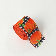 10M Thanksgiving Day Theme Wired Linen Ribbon, Pumpkin Pattern, Coral, 2-1/2 inch(63mm), about 10.94 Yards(10m)/Roll(OCOR-G013-02E)