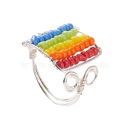 Glass Bead Braided Rectangle Open Cuff Ring, Copper Wire Wrap Jewelry for Women, Colorful, US Size 6 1/2(16.9mm)(RJEW-JR00489)