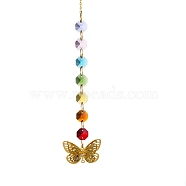 Iron Hanging Ornaments, Glass AB Color Octagonal Beads Tassel Suncatchers for Outdoor Garden Dcorations, Butterfly, 350mm(AJEW-H154-04C)