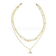 3 Layered Necklaces, with Natural Pearl, Brass Chains and Pendants, Whale Tail Shape, White, Real 18K Gold Plated, 14.17 inch(36cm)(NJEW-JN02560)