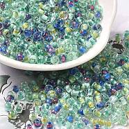 Transparent Glass Round Seed Beads, Inside Colours, Round, Dark Sea Green, 6/0, 4x3mm, Hole: 1.2mm, about 7258pcs/pound(SEED-B001-05A-09)