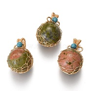 Natural Unakite & Turquoise Pendants, with Golden Brass Findings, Round, 26.5~28x17~17.5x16.5mm, Hole: 3~5X2.5~3.5mm(G-B001-02G-H)