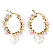 304 Stainless Steel Beaded Hoop Earrings, with Glass Seed Beads and Natural Pearl Beads, Ring, Golden, Colorful, 29x25x3.5mm, Pin: 1mm(EJEW-JE04517-05)