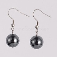 Round 304 Stainless Steel Non-Magnetic Synthetic Hematite Dangle Earrings, 35mm, Pin: 0.8mm(EJEW-JE01973-01)