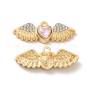 Rack Plating Alloy Rhinestone Charms, with Glass, Nickel Free, Heart with Wings, Golden, Pink, 10.5x27.5x5mm, Hole: 1.6mm(PALLOY-O106-03G-01)