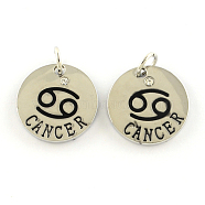 Alloy Pendants, with Rhinestone, Flat Round, with Constellation/Zodiac Sign, Platinum, Cancer, 22x2.5mm, Hole: 5.5mm(PALLOY-S083-07P)