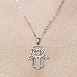 201 Stainless Steel Hollow Hamsa Hand with Eye Pendant Necklace, Stainless Steel Color, 17.72 inch(45cm)(NJEW-OY001-77)
