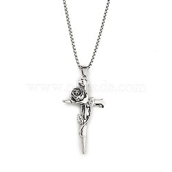 201 Stainless Steel Pendant Necklaces, Cross, Antique Silver, 23.35 inch(59.3cm)(NJEW-C034-43B-AS)