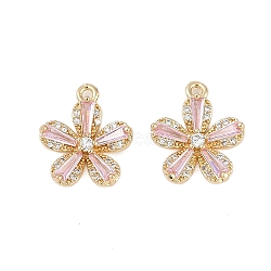 Rack Plating Brass Micro Pave Cubic Zirconia Pendants, with Glass, Cadmium Free & Lead Free, Flower Charms, Pink, 16x13.5x4mm, Hole: 1.2mm(KK-C082-01G-04)