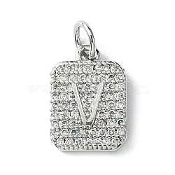 Rack Plating Brass Micro Pave Clear Cubic Zirconia Charms, Long-Lasting Plated, Lead Free & Cadmium Free, Rectangle with Letter Pattern, with Jump Ring, Platinum, Letter V, 14x9.5x2mm, Hole: 3mm(KK-G501-01V-P)