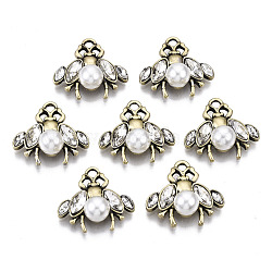 Tibetan Style Alloy Pendants, with Rhinestone and ABS Plastic Imitation Pearl, Cadmium Free & Nickel Free & Lead Free, Bee, Antique Golden, 16.5x18x7mm, Hole: 1.8mm(PALLOY-S125-052AG-NR)