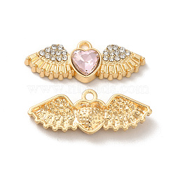 Rack Plating Alloy Rhinestone Charms, with Glass, Nickel Free, Heart with Wings, Golden, Pink, 10.5x27.5x5mm, Hole: 1.6mm(PALLOY-O106-03G-01)