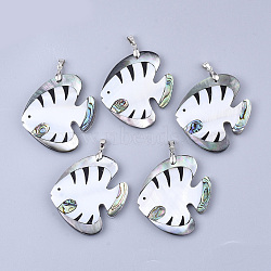 Shell Big Pendants, with Brass Findings, Fish, Platinum, Seashell Color, 53~54x46~48x4~5mm, Hole: 6x4mm(SHEL-S275-62)