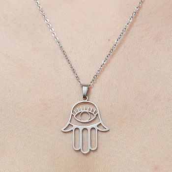 201 Stainless Steel Hollow Hamsa Hand with Eye Pendant Necklace, Stainless Steel Color, 17.72 inch(45cm)
