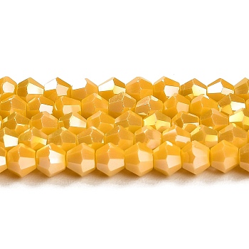 Opaque Solid Color Electroplate Glass Beads Strands, AB Color Plated, Faceted, Bicone, Gold, 4x4mm, Hole: 0.8mm, about 87~98pcs/strand, 12.76~14.61 inch(32.4~37.1cm)