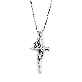 201 Stainless Steel Pendant Necklaces, Cross, Antique Silver, 23.35 inch(59.3cm)