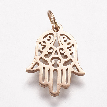 316 Surgical Stainless Steel Pendants, Hamsa Hand/Hand of Fatima/Hand of Miriam, Rose Gold, 16.5x12.5x1.5mm, Hole: 3.5mm