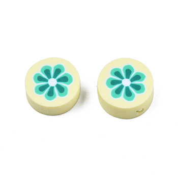 Handmade Polymer Clay Beads, Flat Round with Flower, Champagne Yellow, 9~10x4~4.5mm, Hole: 1.2~1.8mm
