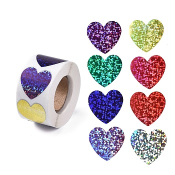 8 Patterns PVC Self Adhesive Glitter Stickers, Waterproof Colorful Decals for Party, Decorative Presents, Heart, 25x25mm, about 500pcs/roll
