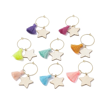 8Pcs Brass Wine Glass Charms Set, with Wooden & Tassel Pendants, Star, Mixed Color, 53~54mm