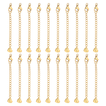 20Pcs 304 Stainless Steel Curb Chain Extender, End Chains with Lobster Claw Clasps and Heart Chain Tabs, Real 18K Gold Plated, 75mm