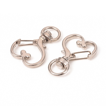 Heart Shape Zinc Alloy Swivel Lobster Clasps, Swivel Snap Hook, Platinum, 34.5x23.5x6mm, Hole: 5x9mm