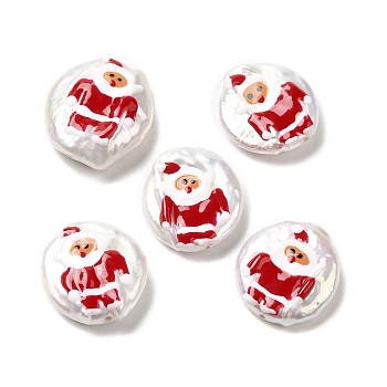 Baroque Style Natural Keshi Pearl Beads, Christmas Theme Beads with Enamel, Flat Round, Seashell Color, Santa Claus, 17~20x15~17x4~7mm, Hole: 0.7mm