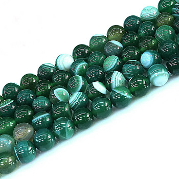 Natural Striped Agate/Banded Agate Round Bead Strands, Dyed, Dark Cyan, 10mm, Hole: 1mm, about 38pcs/strand, 14.96 inch