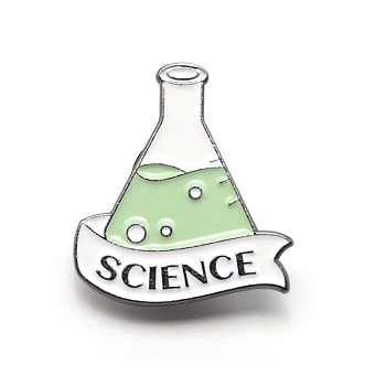 Alloy Enamel Brooches, Enamel Pin, with Rubber Clutches, Chemical Container with Word Science, Light Green, 27x25x10.5mm