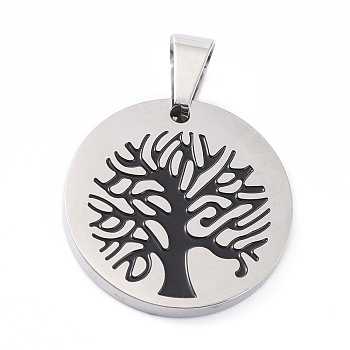 304 Stainless Steel Pendants, with Enamel, Polishing, Flat Round with Tree, Stainless Steel Color, 25x3mm, Hole: 7.5x5mm