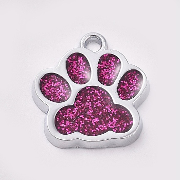 Alloy Enamel Charms, with Glitter Powder, Dog Paw Prints, Platinum, Orchid, 17.7x16.6x2mm, Hole: 2mm