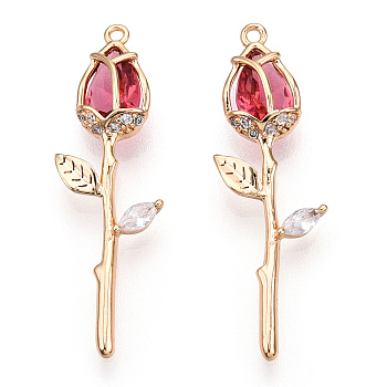 Brass Micro Pave Cubic Zirconia Pendants, Nickel Free, Real 18K Gold Plated, Rose Flower, Cerise, 29x9x5mm, Hole: 1mm