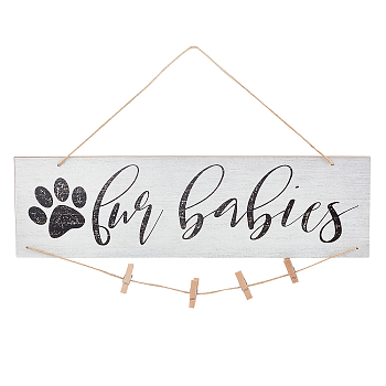 Wooden Paw Print Hanging Sign, Hanging Board, with Hemp String and Photo Pegs, Gainsboro, 40.1x12x0.5cm