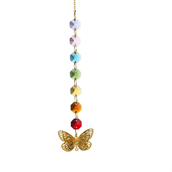 Iron Hanging Ornaments, Glass AB Color Octagonal Beads Tassel Suncatchers for Outdoor Garden Dcorations, Butterfly, 350mm