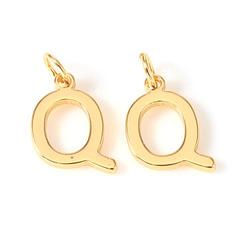 Brass Charms, with Jump Rings, Letter, Real 18K Gold Plated, Letter.Q, Q: 10.5x8x1mm, Hole: 2.5mm