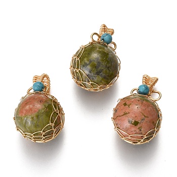 Natural Unakite & Turquoise Pendants, with Golden Brass Findings, Round, 26.5~28x17~17.5x16.5mm, Hole: 3~5X2.5~3.5mm