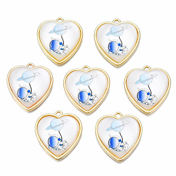 Resin Pendants, with Light Gold Plated Alloy, Cadmium Free & Nickel Free & Lead Free, Heart with Astronaut, White, 19.5x18x5mm, Hole: 1.4mm