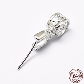 Rhodium Plated 925 Sterling Silver Micro Pave Cubic Zirconia Pendant Bails, Ice Pick & Pinch Bails, Column, Platinum, 12mm, Hole: 5mm, Pin: 0.6mm