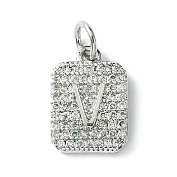 Rack Plating Brass Micro Pave Clear Cubic Zirconia Charms, Long-Lasting Plated, Lead Free & Cadmium Free, Rectangle with Letter Pattern, with Jump Ring, Platinum, Letter V, 14x9.5x2mm, Hole: 3mm