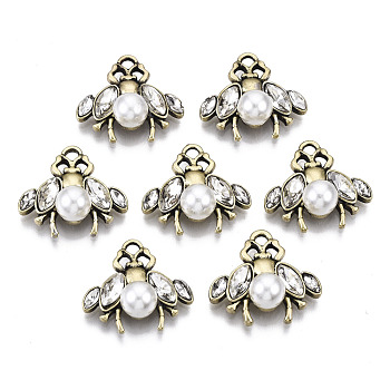 Tibetan Style Alloy Pendants, with Rhinestone and ABS Plastic Imitation Pearl, Cadmium Free & Nickel Free & Lead Free, Bee, Antique Golden, 16.5x18x7mm, Hole: 1.8mm