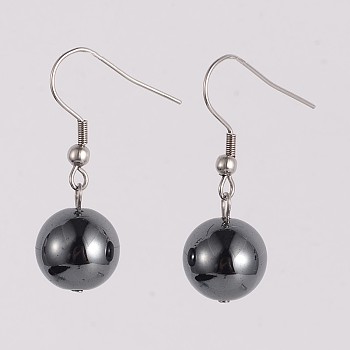 Round 304 Stainless Steel Non-Magnetic Synthetic Hematite Dangle Earrings, 35mm, Pin: 0.8mm