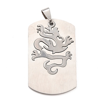 Titanium Steel Pendants, Split Dog Tag Pendant, Rectangle with Dragon, Stainless Steel Color & Silver Color Plated, 51x27x1.5mm, Hole: 6x4mm