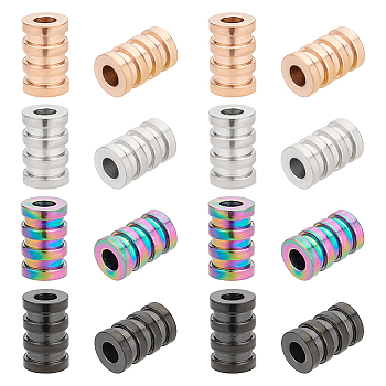 16Pcs 4 Colors 304 Stainless Steel Tube Beads, Grooved, Column, Mixed Color, 9x6mm, Hole: 3mm, 4pcs/color