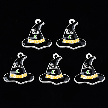 Spray Painted Alloy Enamel Pendants, Cadmium Free & Nickel Free & Lead Free, Halloween, Witch Hat with Word Bad, Black, 23x21x3mm, Hole: 1.8mm